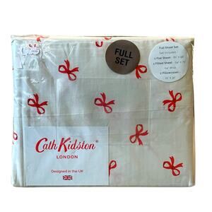 Cath Kidston London Holiday Red Bows Cotton FULL Sheet Set 4pc Sage Green NEW
